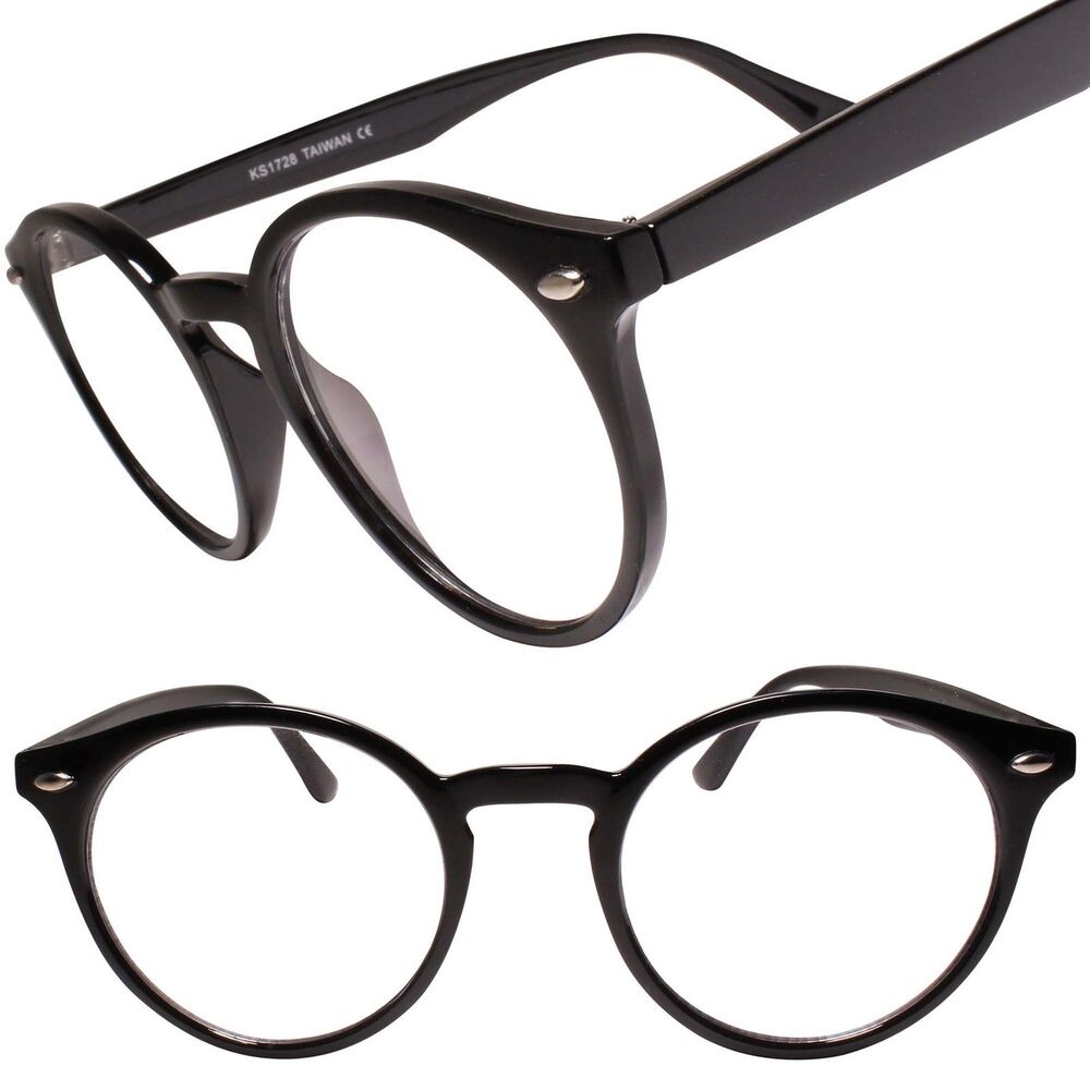 Classic Vintage Retro Old Fashioned 90s Black Frame Round Clear Lens Glasses